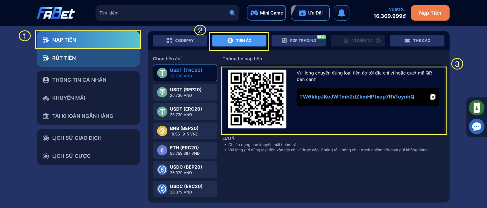 Quy trình chuyển USDT (TRC20) vào tài khoản FABET